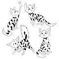 Set of cartoon cats. Collection of cute spotted kittens. Black and white drawing for children with playing cats. Linear