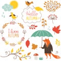 Set of cartoon characters and autumn elements