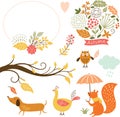 Set of cartoon characters and autumn elements