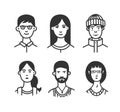 Set of  cartoon characters or avatars with different hairstyles and accessories hand drawn with contour lines in one  color. Royalty Free Stock Photo