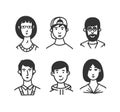 Set of  cartoon characters or avatars with different hairstyles and accessories hand drawn with contour lines in one  color. Royalty Free Stock Photo