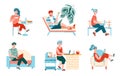 Set of people freelancers working remotely flat vector illustration isolated.