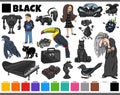 Set with cartoon characters and objects in black