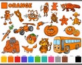 Set with cartoon characters and objects in orange