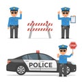 Set of cartoon characters of a police officer. Traffic policeman in different poses. Police car and police roadblock.