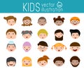 Set of cartoon children head, cartoon child face icon,kid face, kids and different nationalities