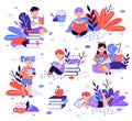 Set of cartoon children reading books, sketch vector illustration isolated. Royalty Free Stock Photo