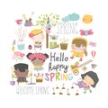 Set of cartoon children and spring elements