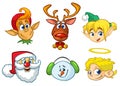 Set of cartoon Christmas characters. Vector cartoon head icons of Santa Claus, reindeer, elf, snowman and angel. Royalty Free Stock Photo