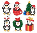 Set of cartoon Christmas and New Year Penguin characters.