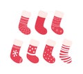 Set of cartoon christmas socks with decorations. New year colored stocking decorations. Element of funny celebration. Vector Royalty Free Stock Photo