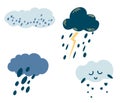 Set of cartoon clouds. Cute weather icons. Clouds with rain, hail, snow, lightning and cute face. Perfect for Printing Fabric Logo Royalty Free Stock Photo