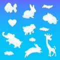 Set of cartoon clouds elements isolated on the blue sky background. Vector toon fluffy animals illustration.