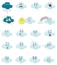Set of cartoon clouds with emotions. Collection of cute clouds with faces. A vector illustration for the weather