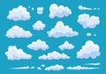 Set of cartoon clouds isolated on blue background. Vector collection white cloud illustration. Blue cloudy sky. Royalty Free Stock Photo