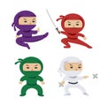 Set of the cartoon colored ninjas with katana sword, martial arts poses. Vector clip art illustration. Royalty Free Stock Photo