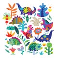 Set of cartoon colorful dinosaurs, plants, and flowers