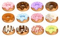 Set of cartoon colorful donuts. Dessert with cream. Flat  illustration isolated on white background. Sweet sugar icing Royalty Free Stock Photo