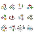 A set of cartoon colorful vector illustrations of stars, comet, salute, fireworks, isolated on a white background. Royalty Free Stock Photo