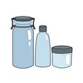 Set of cartoon contour blue glass bottles and cans. Zero Waste objects isolated on white background. Bring your bottle. Vector Royalty Free Stock Photo