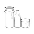 Set of cartoon contour glass bottles and cans. Zero Waste objects isolated on white background. Bring your bottle. Vector element Royalty Free Stock Photo