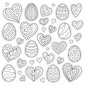 Set of Cartoon Contour Stickers Easter Eggs and Hearts, Isolated on White Background