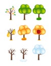 Set of cartoon creative vector tree icons in different seasons. Bare tree, snowy, flowering, with yellow and green foliage, with a