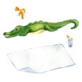 Set of cartoon crocodile, towel, bow, cocktail watercolor illustration isolated on white. Royalty Free Stock Photo