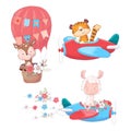 Set cartoon cute animals tiger deer and llama on an airplane and balloon kids clipart.