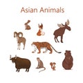 Set of cartoon cute Asian animals. Hare, fox, squirrel, elk bear urial tiger yak macaque