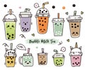 Set of cartoon cute bubble tea or pearl tea