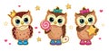 Set cartoon cute funny owls with star, candy, crown. Isolated children`s cartoon fabulous illustration, for print or sticker. Royalty Free Stock Photo