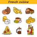 Set of cartoon cute hand drawn icons on french