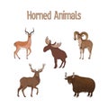 Set of cartoon cute horned animals. Impala, urial, deer, yak, elk