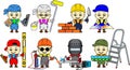 Set of cartoon cute kid Builders: repairman, tiler, bricklayer, plasterer , decorator, painter, Welder and metal cutter