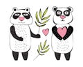 Set of cartoon cute pandas. Colorful vector illustration. Funny cartoon character. Happy bear with eucalyptus and heart. Isolated Royalty Free Stock Photo