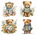 Set of cartoon cute teddy bear toys, nursery art, digital watercolor painting, printable wall art. Generative AI Royalty Free Stock Photo