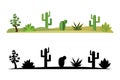 Set of cartoon desert cactus plants wild nature landscape and black silhouette Royalty Free Stock Photo