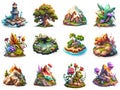 Set of cartoon design elements for pc games, like island with trees, lighthouse, rocks and plants Royalty Free Stock Photo