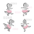 Set of Cartoon Dino ballerina girl. Vector watercolor dancing dinosaur illustration