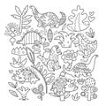 Set of cartoon dinosaurs, plants, and flowers in outline