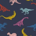 Set cartoon dinosaurus on seamless pattern isolated on dark blue background. Vector