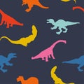 Set cartoon dinosaurus on seamless pattern isolated on dark blue background. Vector
