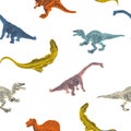 Set cartoon dinosaurus on seamless pattern isolated on white background. Vector