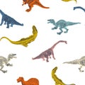Set cartoon dinosaurus on seamless pattern isolated on white background. Vector Royalty Free Stock Photo