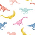 Set cartoon dinosaurus on seamless pattern isolated on white background. Vector