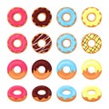 Set of cartoon donuts in colored glaze.