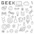 Set of cartoon doodle icons. Collection of symbols geek nerd gamer. Vector illustration, pattern, background, template