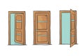 Set of cartoon doors, closed and open, on white. Royalty Free Stock Photo