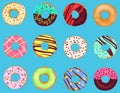 Set of cartoon doughnuts donut cake isolated on bright blue background. Pastry donuts menu.